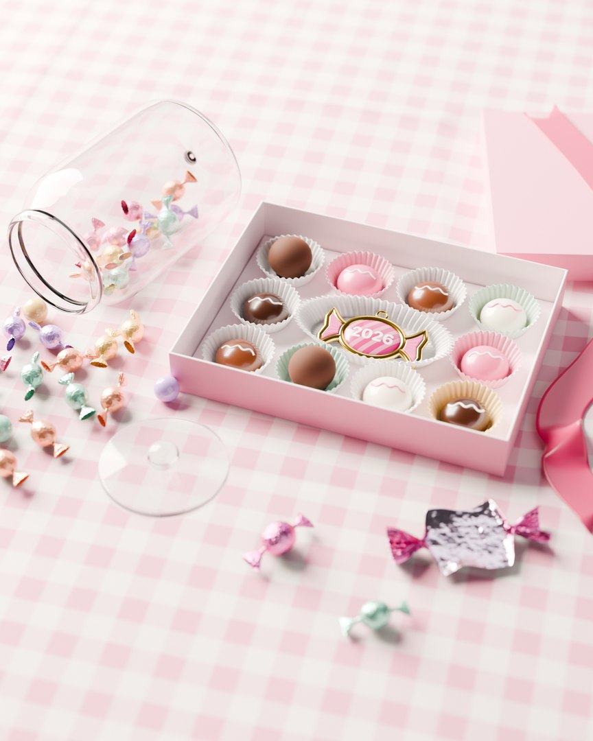 The sweetest day 2026 charm, a gold-rimmed pink candy engraved 2026, on pink satin among wrapped sweets